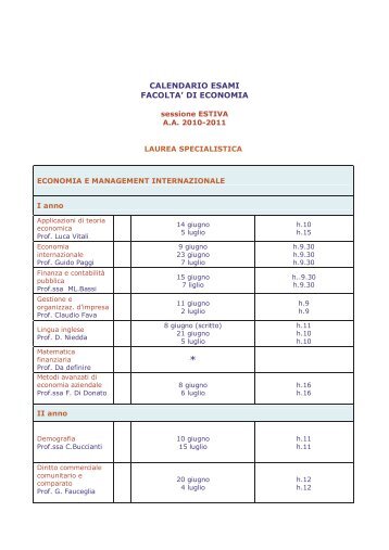 CALENDARIO ESAMI FACOLTA' DI ECONOMIA