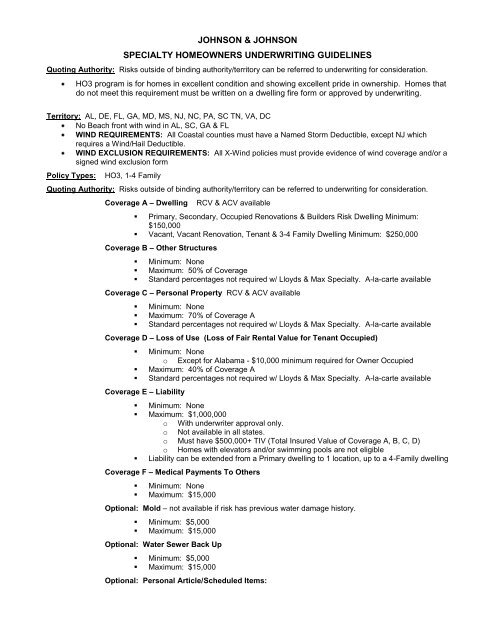 Johnson Johnson Specialty Homeowners Underwriting Guidelines