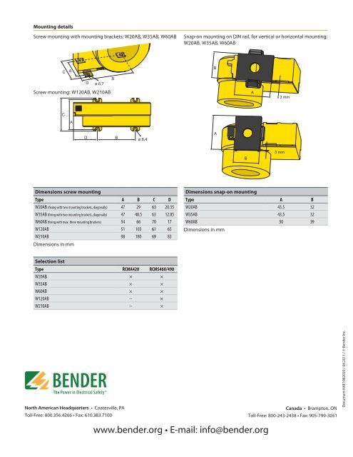 Technical Bulletin / Datasheet - Bender