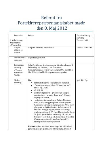 Referat af forÃ¦ldrereprÃ¦sentantskabsmÃ¸de den 8. maj 2012