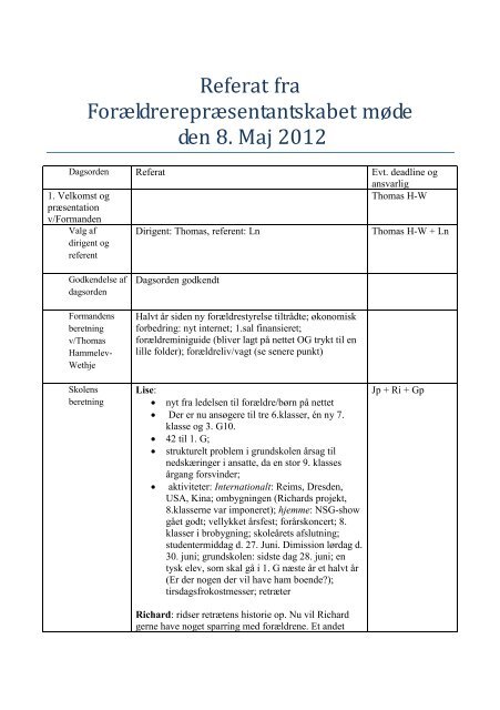 Referat af forÃ¦ldrereprÃ¦sentantskabsmÃ¸de den 8. maj 2012