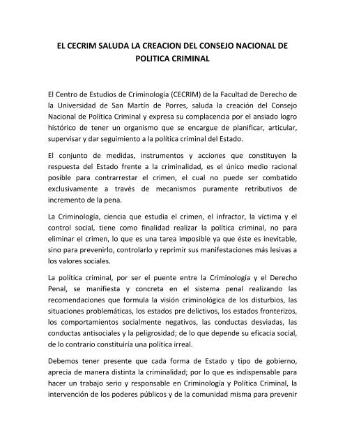 el cecrim saluda la creacion del consejo nacional de politica criminal