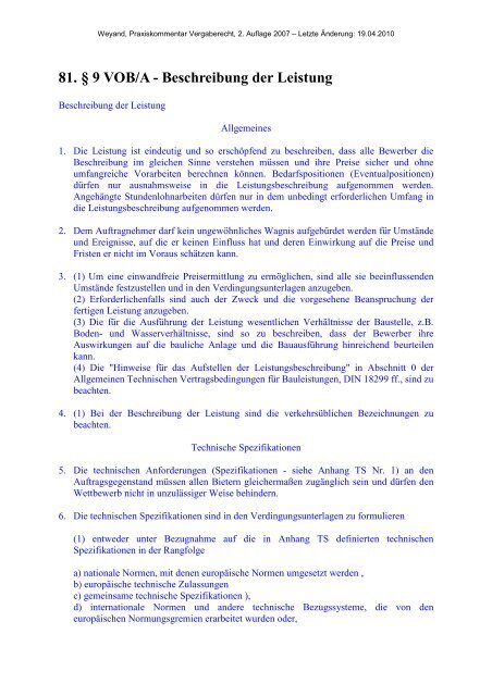 81. § 9 VOB/A - Beschreibung der Leistung - Oeffentliche Auftraege