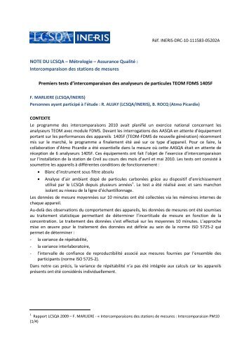 Premiers tests d'intercomparaison des analyseurs de ... - LCSQA