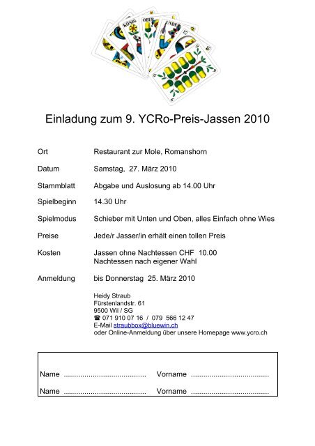 Einladung zum 9. YCRo-Preis-Jassen 2010