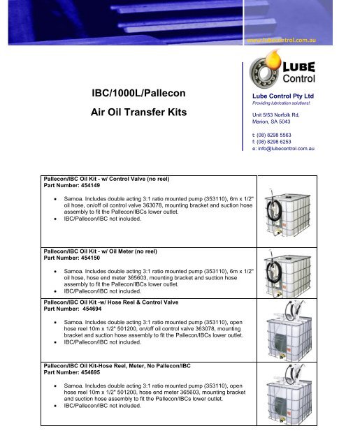 IBC/1000L/Pallecon Air Oil Transfer Kits - Lube Control