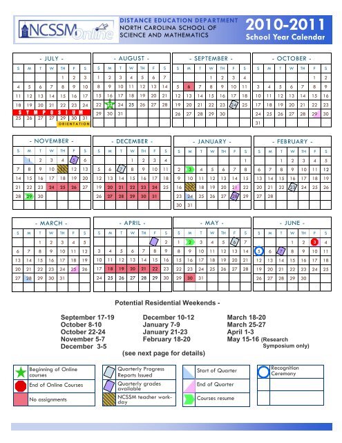 Ncssm Calendar 2022 2023 2010-2011 School Year Calendar - Ncssm Online - North Carolina ...