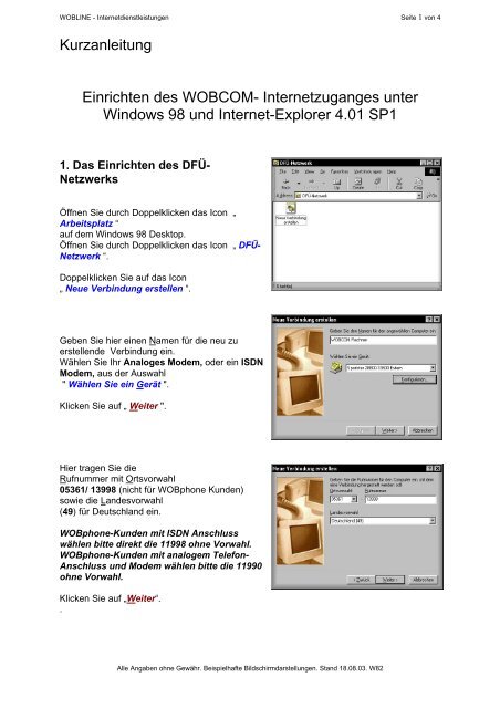 Kurzanleitung Einrichten des WOBCOM- Internetzuganges unter ...