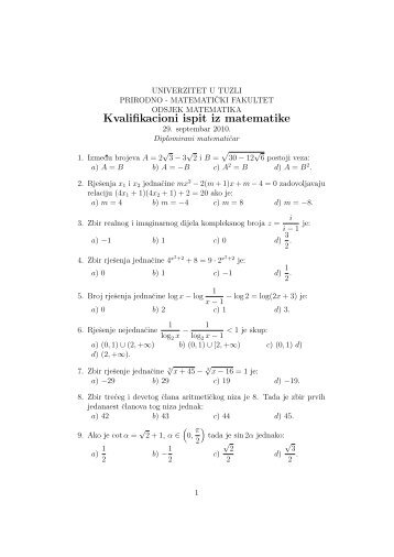 Kvalifikacioni ispit iz matematike - PMF - Univerzitet u Tuzli