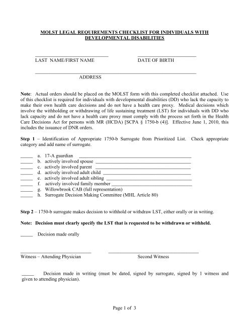 Page 1 of 3 MOLST LEGAL REQUIREMENTS CHECKLIST FOR ...