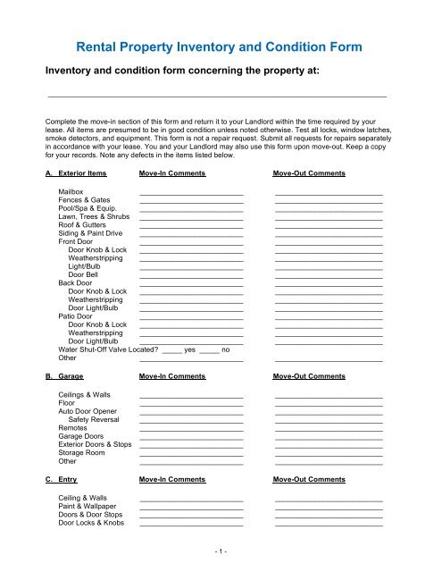 Rental Property Inventory and Condition Form