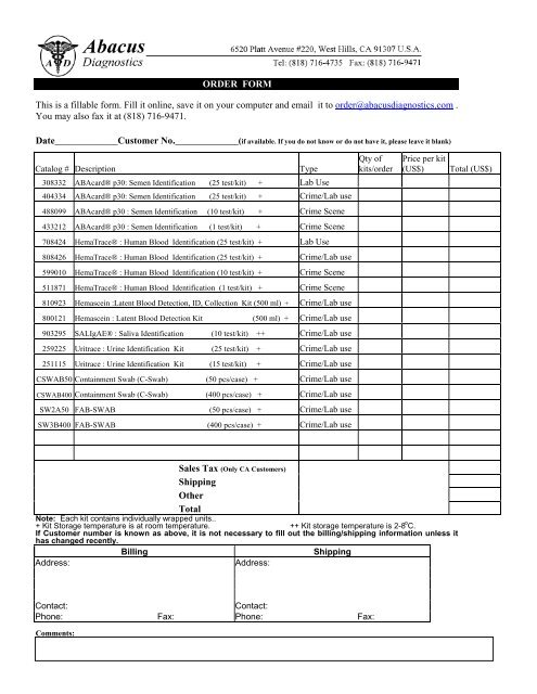 Fax Order Form - Abacus Diagnostics, Inc.