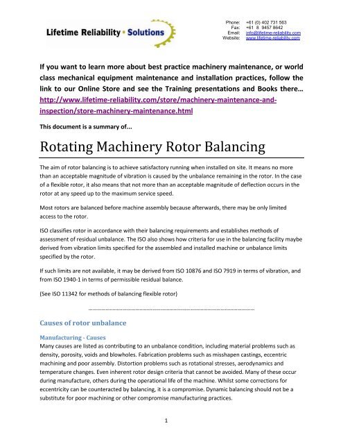 Summary of Rotating Machinery Rotor Balancing - Lifetime Reliability