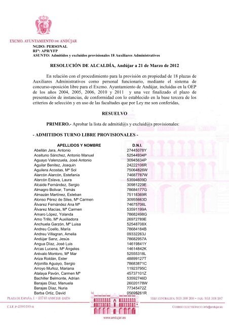 Admitidos - Ayuntamiento de AndÃºjar