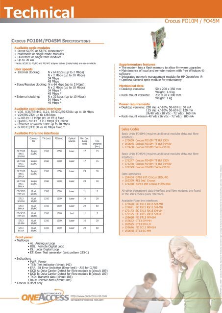 Crocus FO10M/FO45M - OneAccess extranet