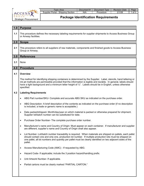 Package Identification Requirements - Supplier Portal - Amway