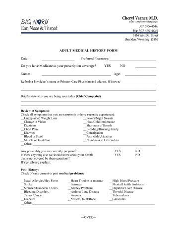 Adult - Medical History Form [PDF] - Sheridan Memorial Hospital