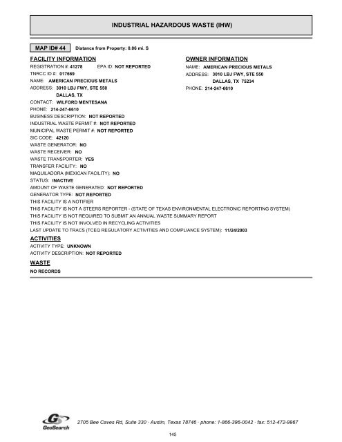 Hazardous materials report limited phase i environmental site