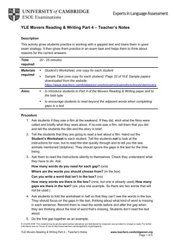 YLE Movers Reading & Writing Part 4 â Teacher's Notes