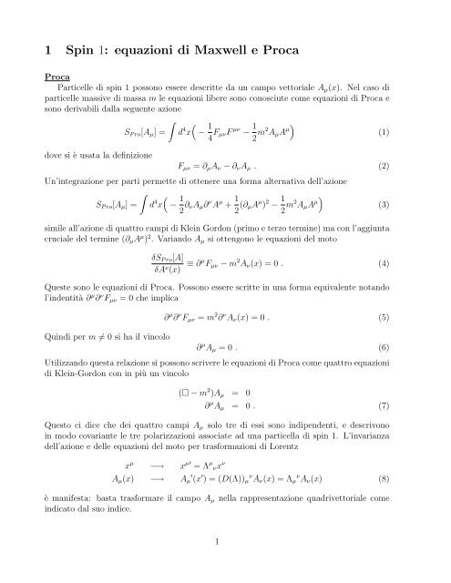 1 Spin 1: equazioni di Maxwell e Proca