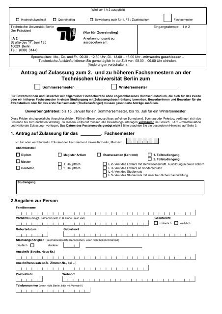 Antrag auf Zulassung zum 2. und zu höheren ... - TU Berlin