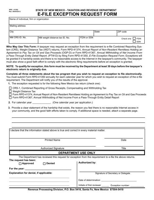RPD-41350, E-File Exception Request Form - Taxation and ...