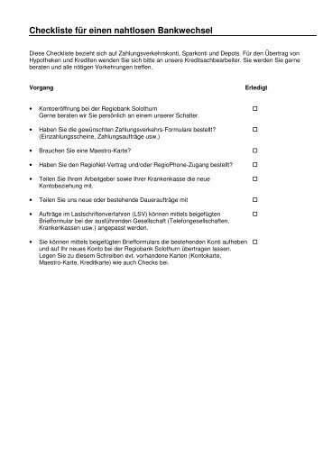 Checkliste für einen nahtlosen Bankwechsel - Regiobank Solothurn ...