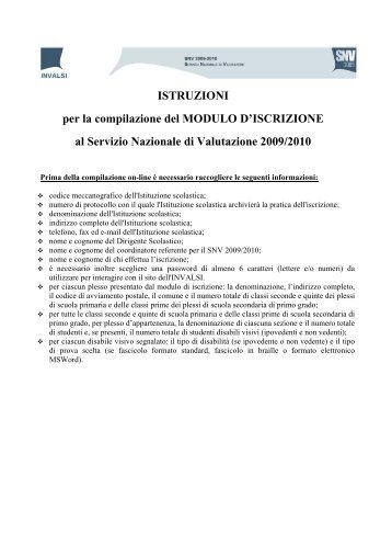 ISTRUZIONI per la compilazione del MODULO D'ISCRIZIONE - Invalsi