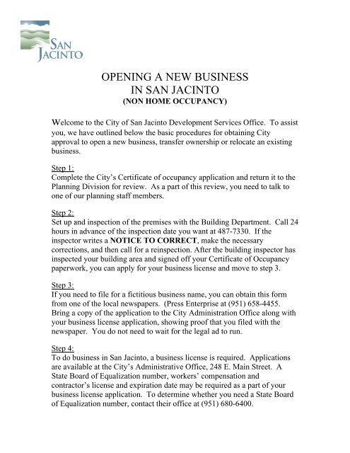 OPPENING A NEW BUSINESS FORM - the City of San Jacinto