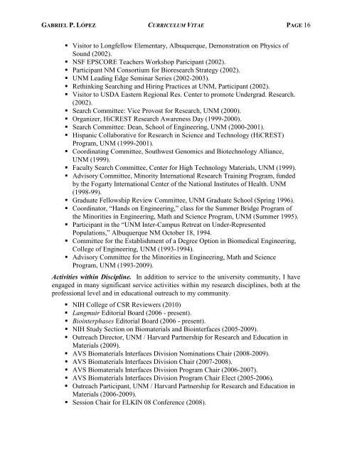 CURRICULUM VITAE April 2010 Gabriel P. LÃ³pez, Ph.D. Professor ...