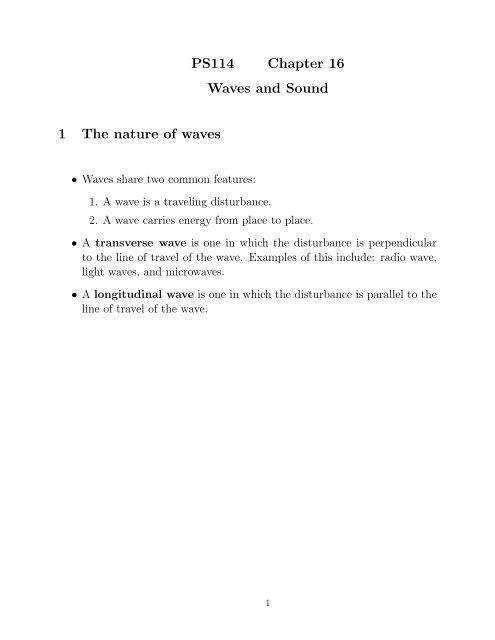 PS114 Chapter 16 Waves and Sound 1 The nature of waves