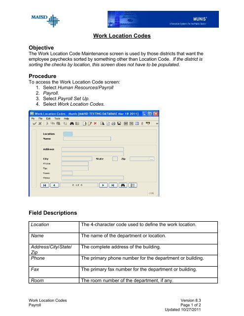 Work Location Codes Objective Procedure Field Descriptions