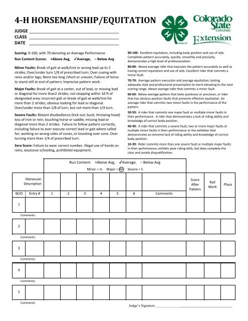 Horsemanship-Equitation Score Card - Colorado 4-H