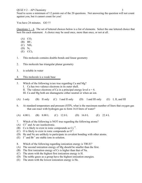 Questions - Avon Chemistry