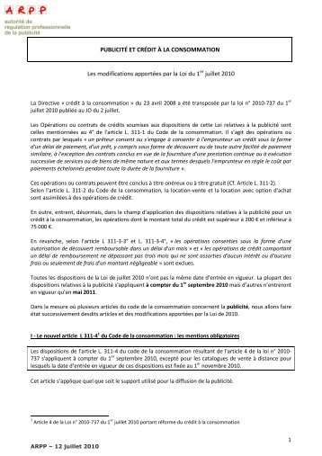 Mémo publicité et crédit - Loi du 1er juillet 2010 - ARPP