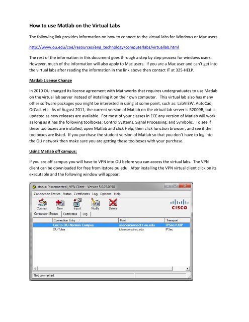 How to use Matlab on the Virtual Labs