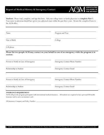 ACM Report of Medical History and Emergency Contact Form