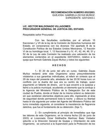 recomendaciÃ³n numero:052/2003. quejosa: gabriela zayas muÃ±oz ...