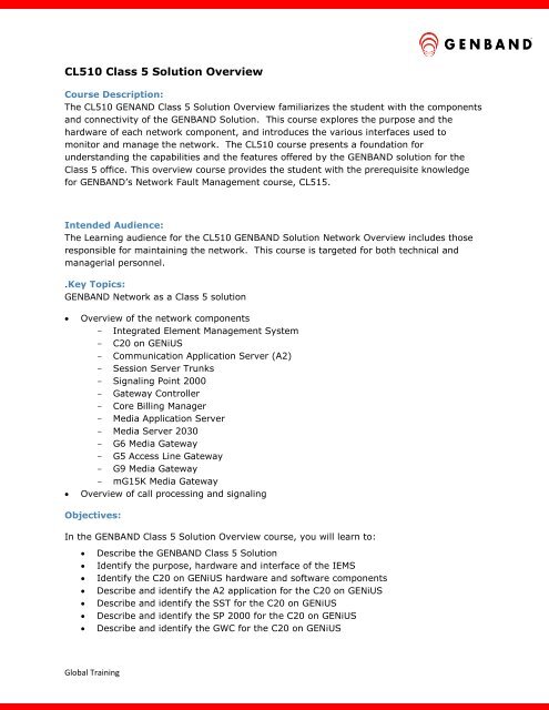 Cl510 CL510 Class 5 Solution Overview - Genband