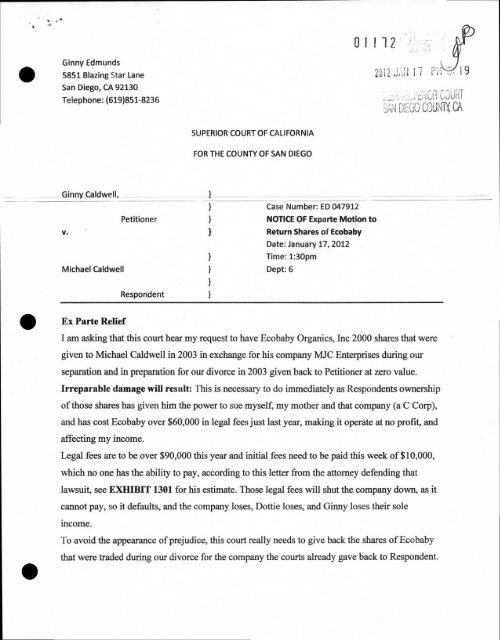 Peioner Ex Parte Declaration To Return Ecobaby Shares Declaration To Return Ecobaby Shares