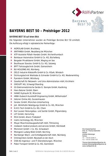 BAYERNS BEST 50 –  Preisträger 2012 - RölfsPartner