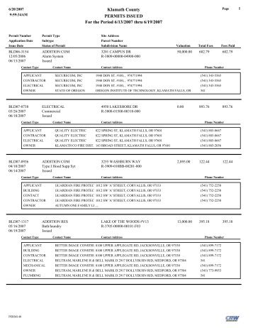 Klamath County PERMITS ISSUED For the Period 6/13/2007 thru 6 ...