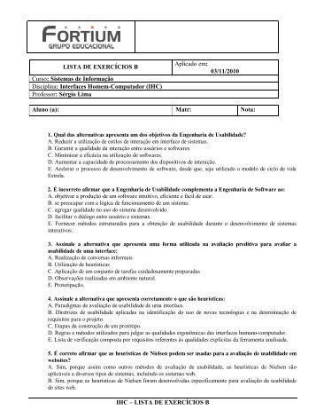 IHC â LISTA DE EXERCÃCIOS B LISTA DE EXERCÃCIOS B Aplicado ...