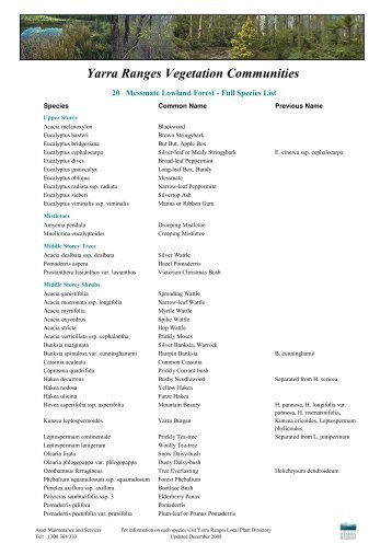 20 Messmate Lowland Forest - Full list - Shire of Yarra Ranges