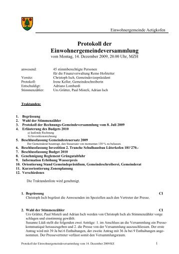 Protokoll der Einwohnergemeinde-Versammlung vom ... - Aetigkofen