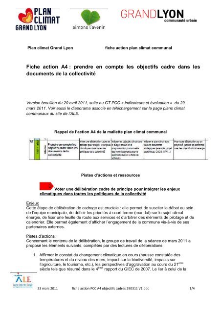 Fiche action A4 : prendre en compte les objectifs cadre dans ... - ALE