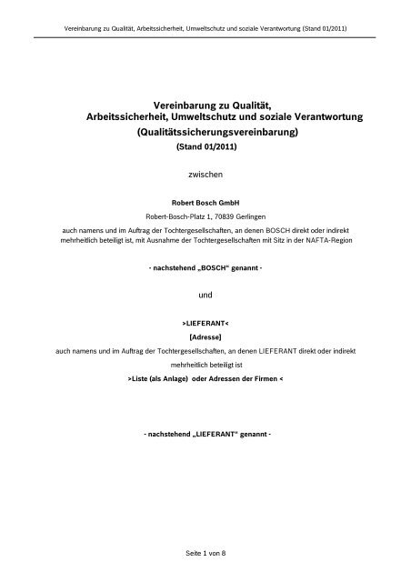 Vereinbarung zu QualitÃ¤t, Arbeitssicherheit, Umweltschutz