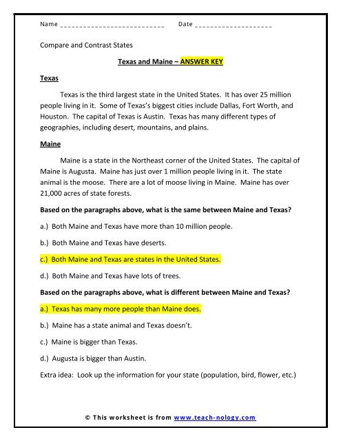 Texas and Maine: Compare and Contrast States - Teach-nology