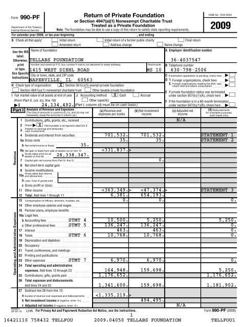 Tellabs Foundation 2009 Tax Return Form 990-PF