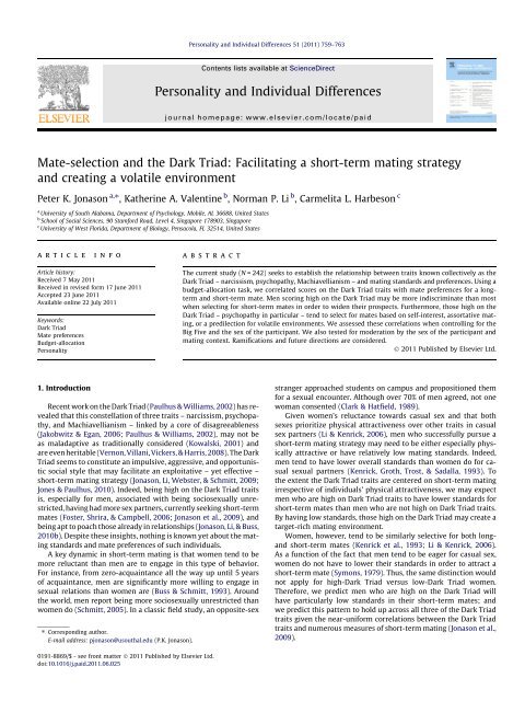 Mate-selection and the Dark Triad - University of Western Sydney